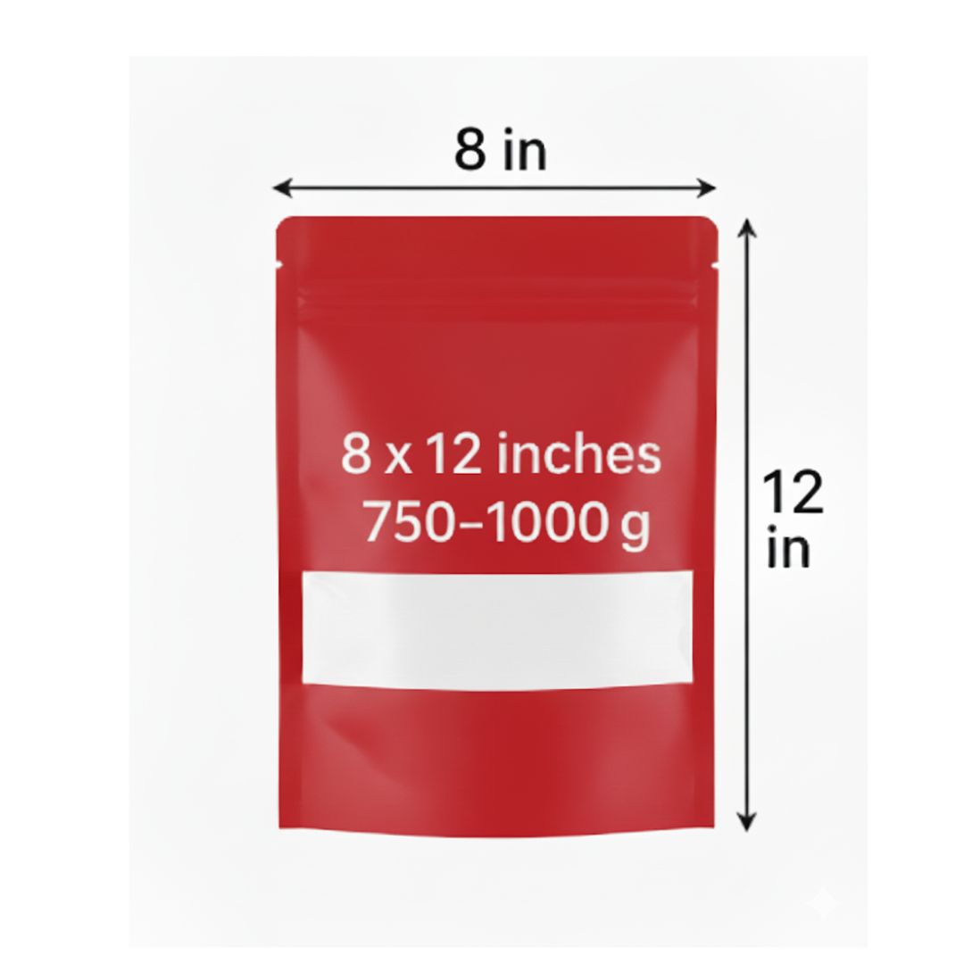 Red Stand Up Zipper Pouch with Window | 8 x 12 In | 750-1000 g