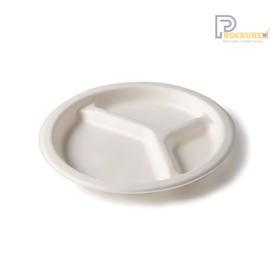 White Bagasse 3 Compartment Plate 9 Inch | Biodegradable Plate
