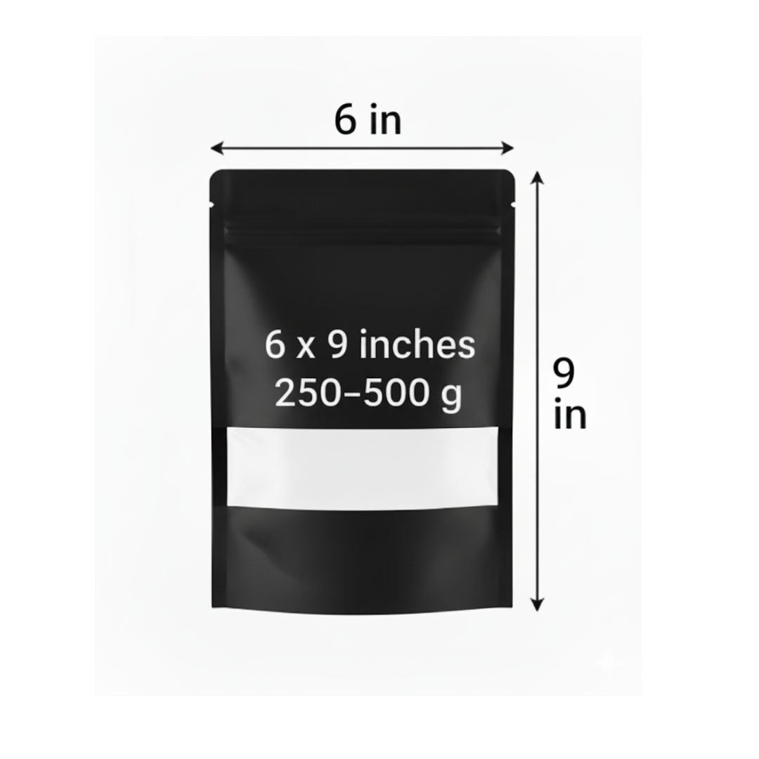 Black Stand Up Zipper Pouch with Window | 6 x 9 In | 250 -500g