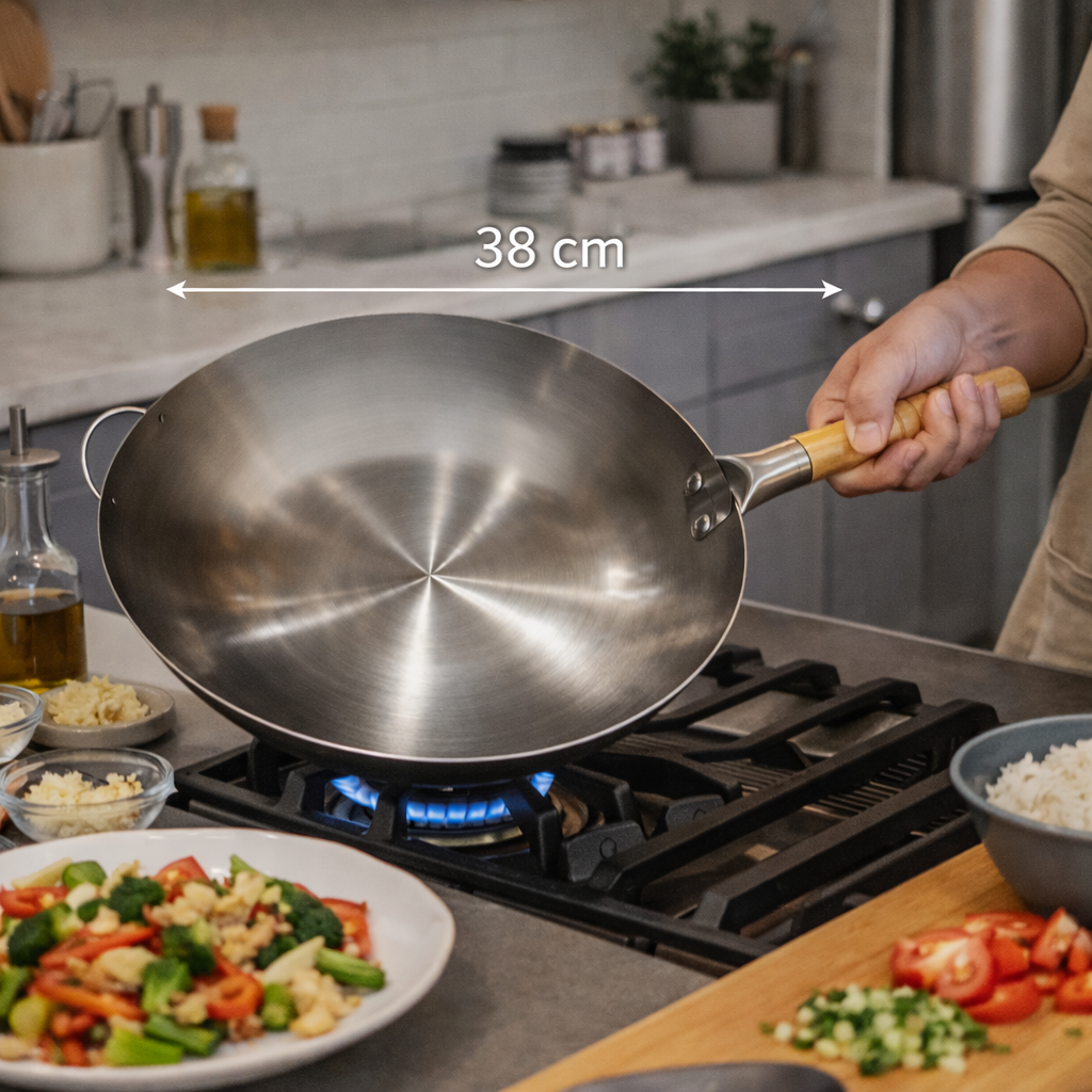 Chinese Wok Wooden Handle Stainless Steel 38cm - CHWK-WH/38