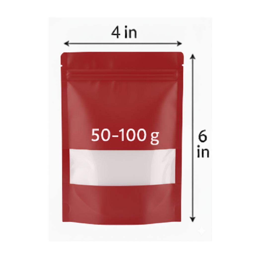 Red Stand Up Zipper Pouch with Window | 4 x 6 in | 50-100 g