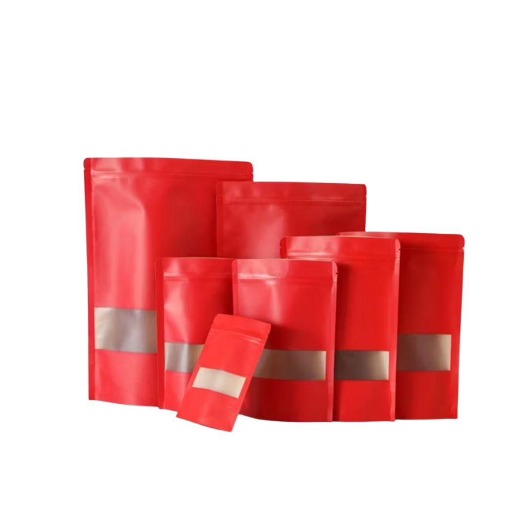 Red Stand Up Zipper Pouch with Window | Variable Sizes 6