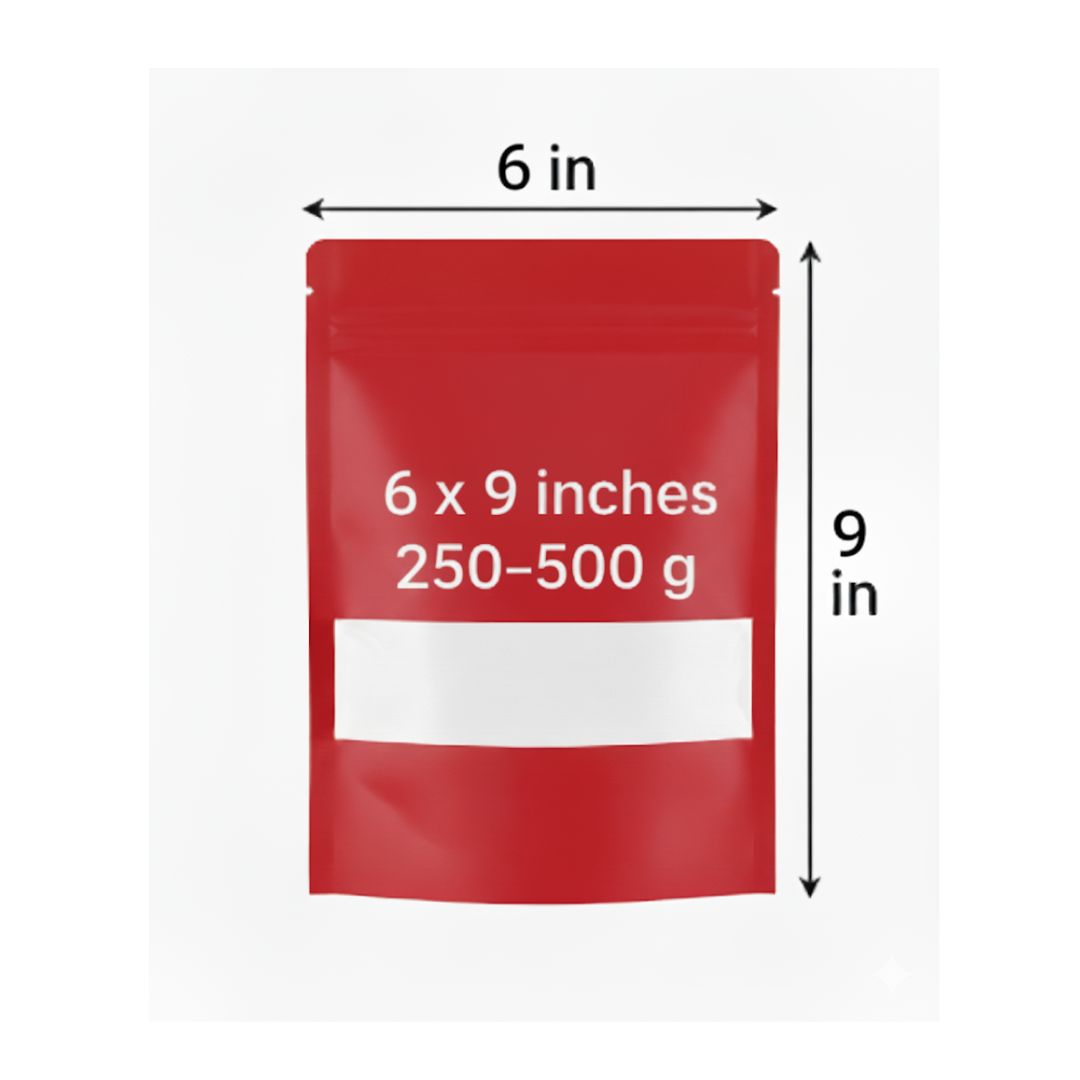 Red Stand Up Zipper Pouch with Window | 6 x 9 In | 250-500 g