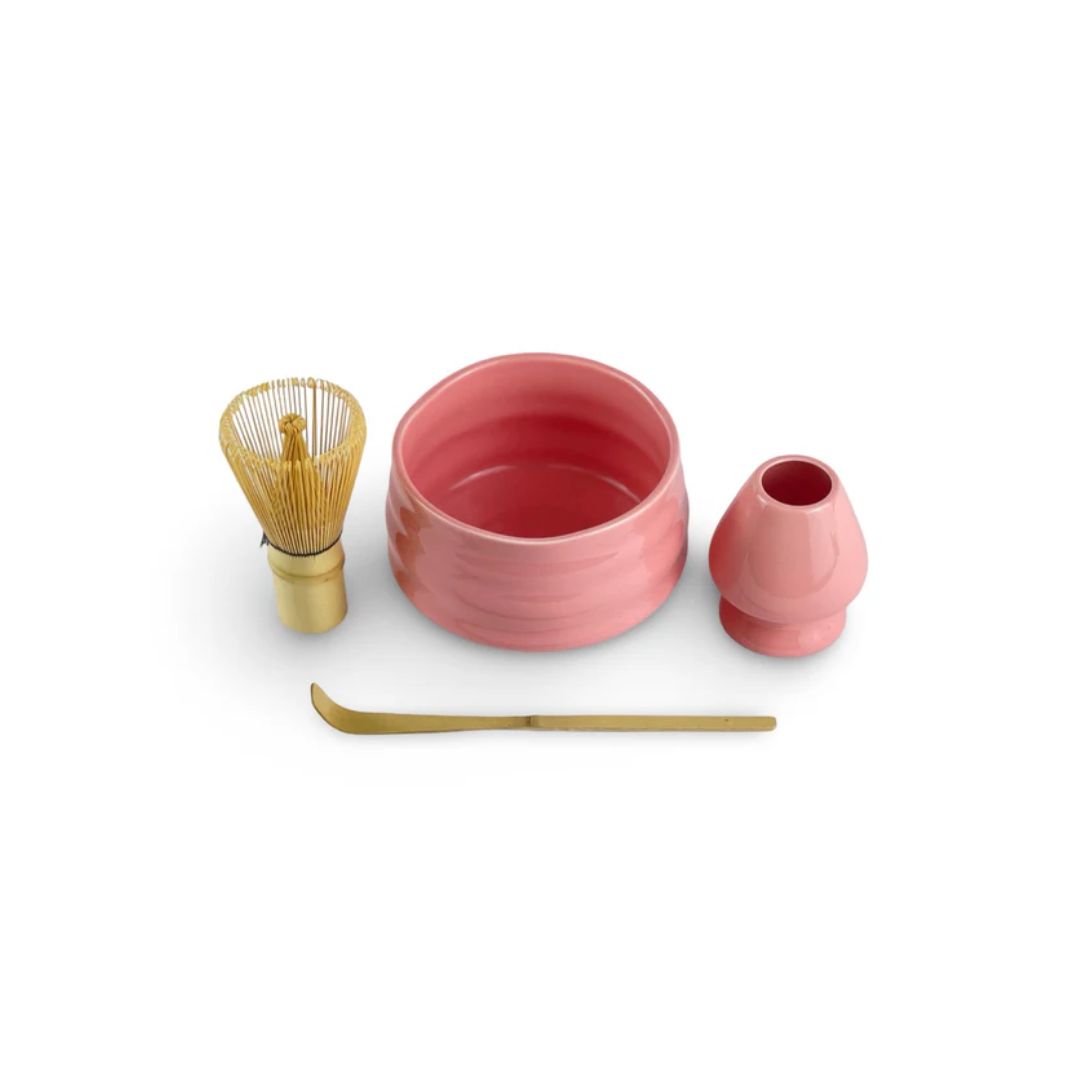 Pink Matcha Set – Ceramic Tea Bowl, Bamboo Whisk, Wooden Scoop & Whisk Stand