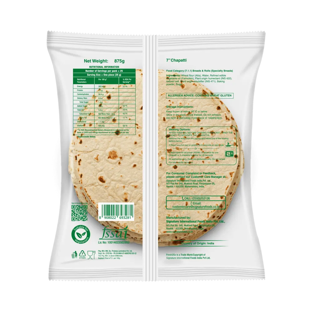 Fresh 2 Go 7 Inch Whole Wheat Chapati RTC Frozen 875 gm Pack of 25 2