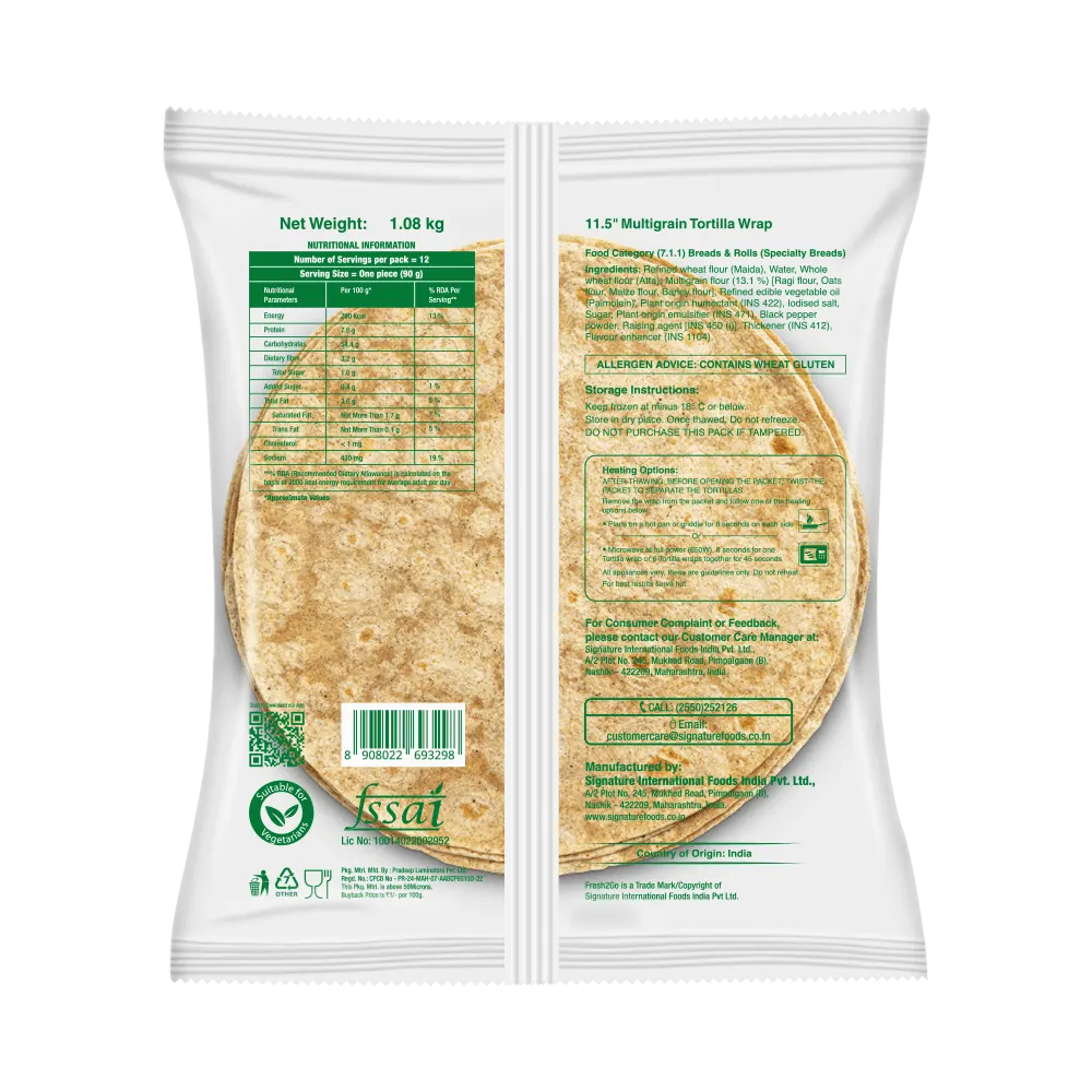 Fresh 2 Go 11.5 Inch Multigrain Tortilla RTC Frozen 1 Kg Pack of 12 2