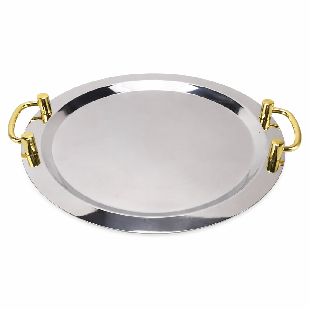Golden Tray Round 9 Inch - Stainless Steel Serving Tray with Mirror Finish and Gold Handles