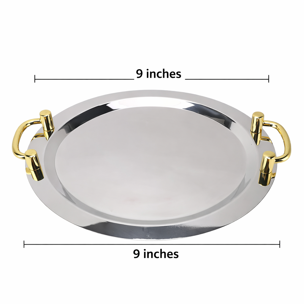 Golden Tray Round 9 Inch - Stainless Steel Serving Tray with Mirror Finish and Gold Handles 2