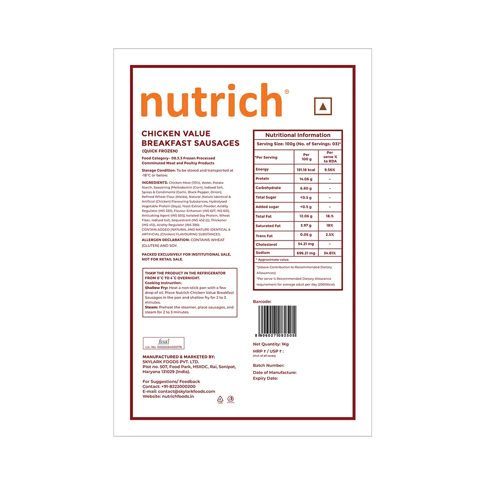 Nutrich Chicken Value Breakfast Sausage Frozen (Pack of 27) (36 gm/pc) 3