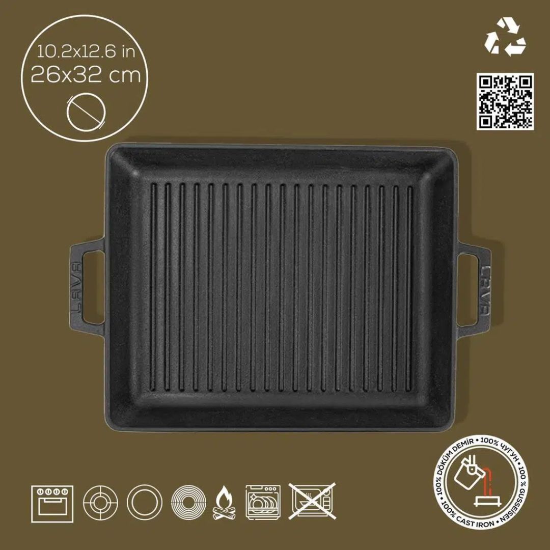 Lava Cast Iron Shallow Pan 26 × 32 cm - Grill Pan Rectangular 26x32