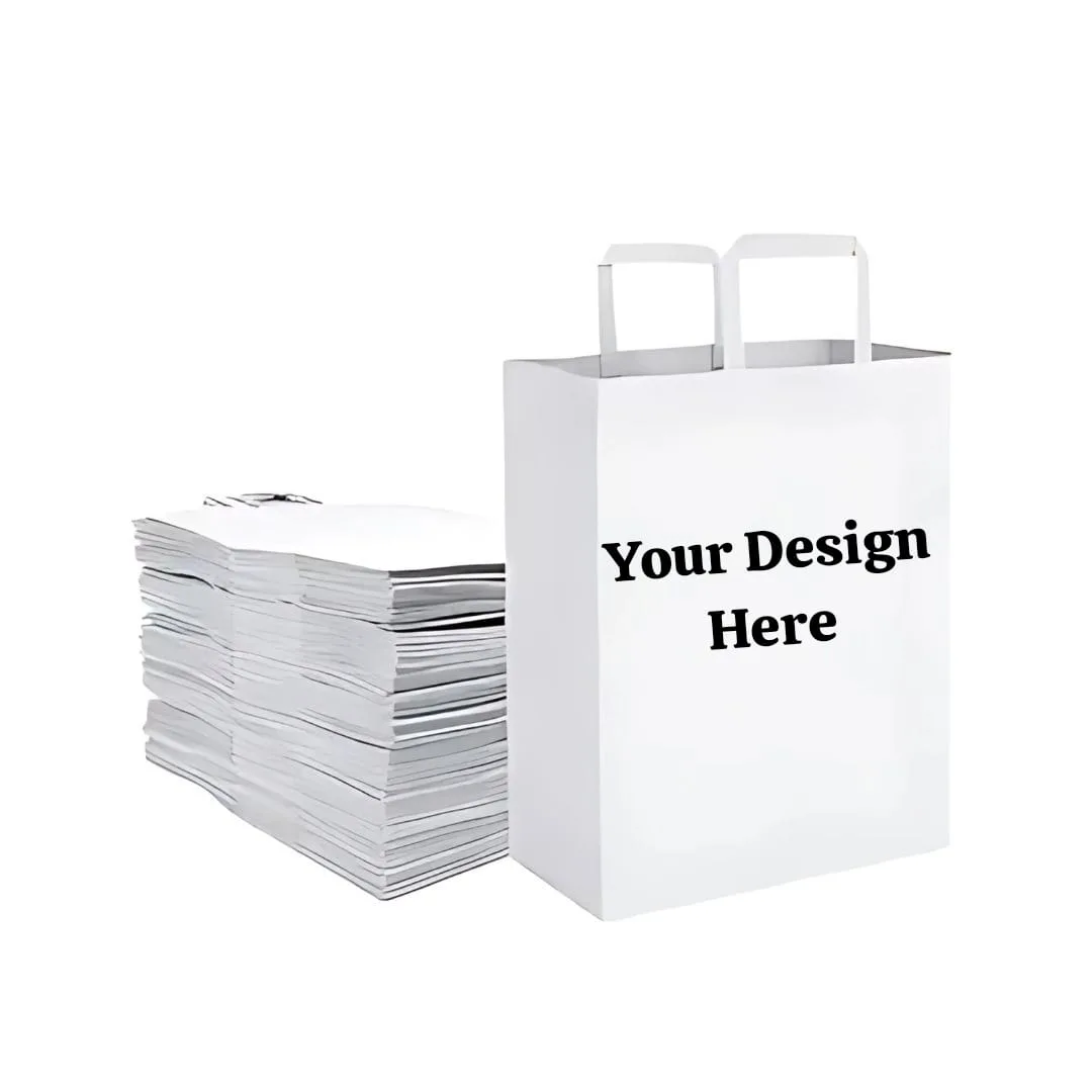 Customized white  Paper Handle Carry  Bag 80 GSM, single-color printed (MOQ 1000Pcs)