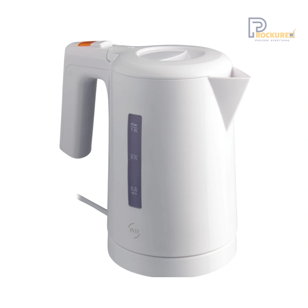 JVD Duchesse Kettle – 1L, White, PP Housing, S/S304 Heating Plate, VDE Plug