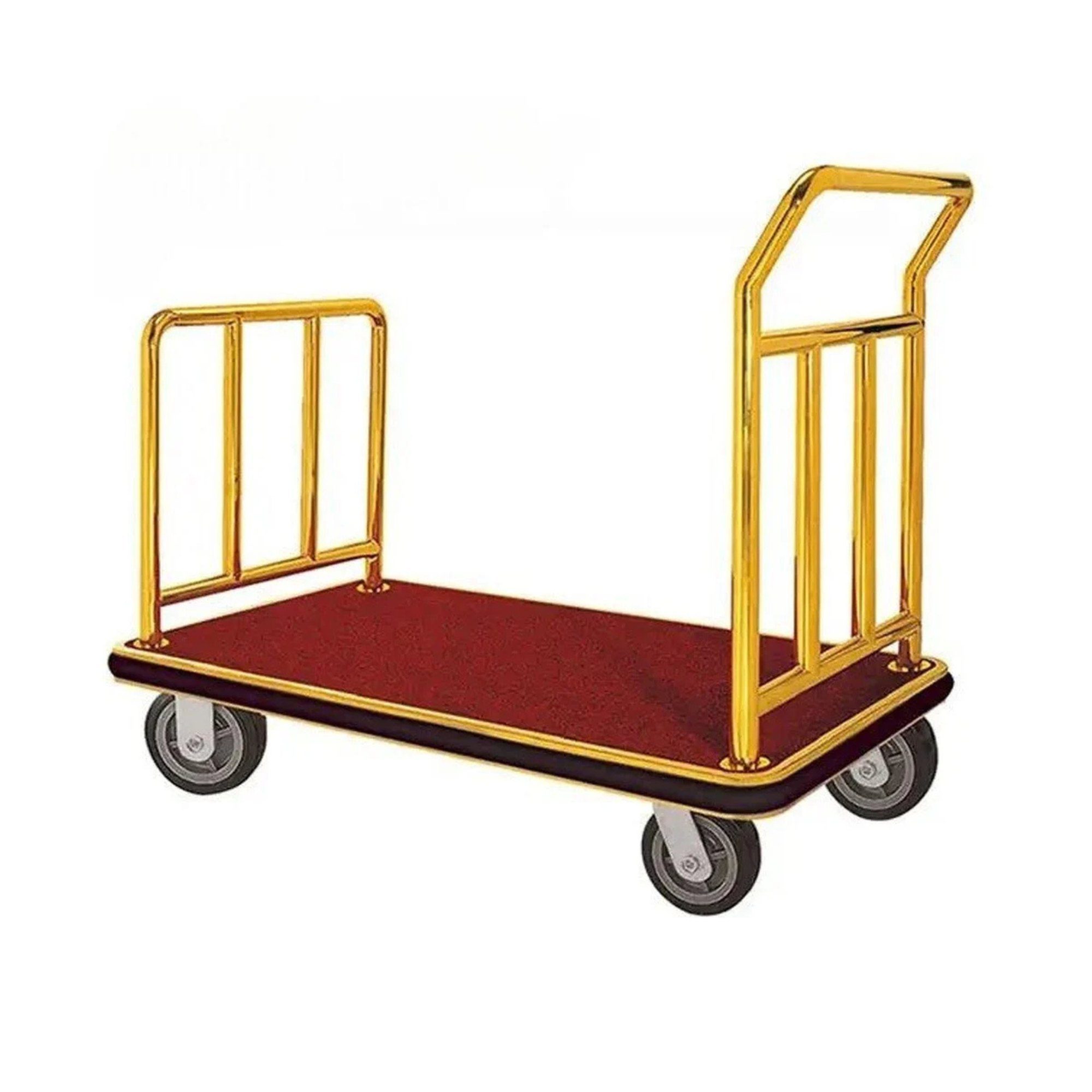 Hotel Luggage Cart 4 Wheels Platform Type with Gold Finish and Red Carpet Base