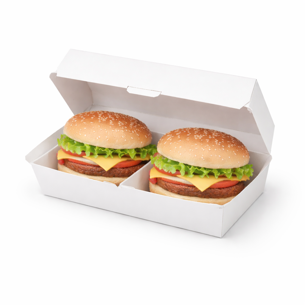 Double Burger Box White Kraft Paper Clamshell Type