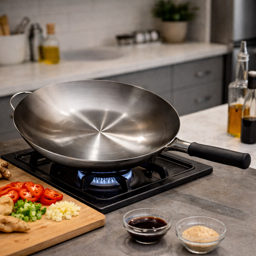 Chinese Wok Rubber Handle Stainless Steel 38Cm WKRBR/38 - Round Bottom 2