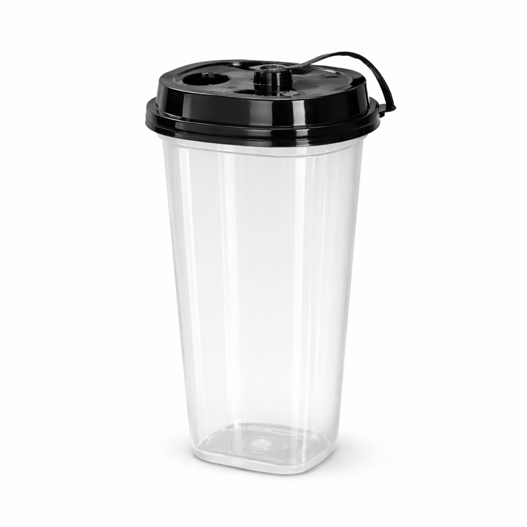 Reusable 350ml Tall Square Sipper Glass with Lid - Transparent Plastic Cup, Snap Fit Sipper Lid
