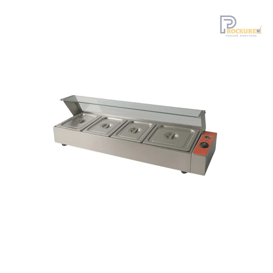 Prockured Basics 4 Pan Bain Marie with Glass & Valve – 1.5kW
