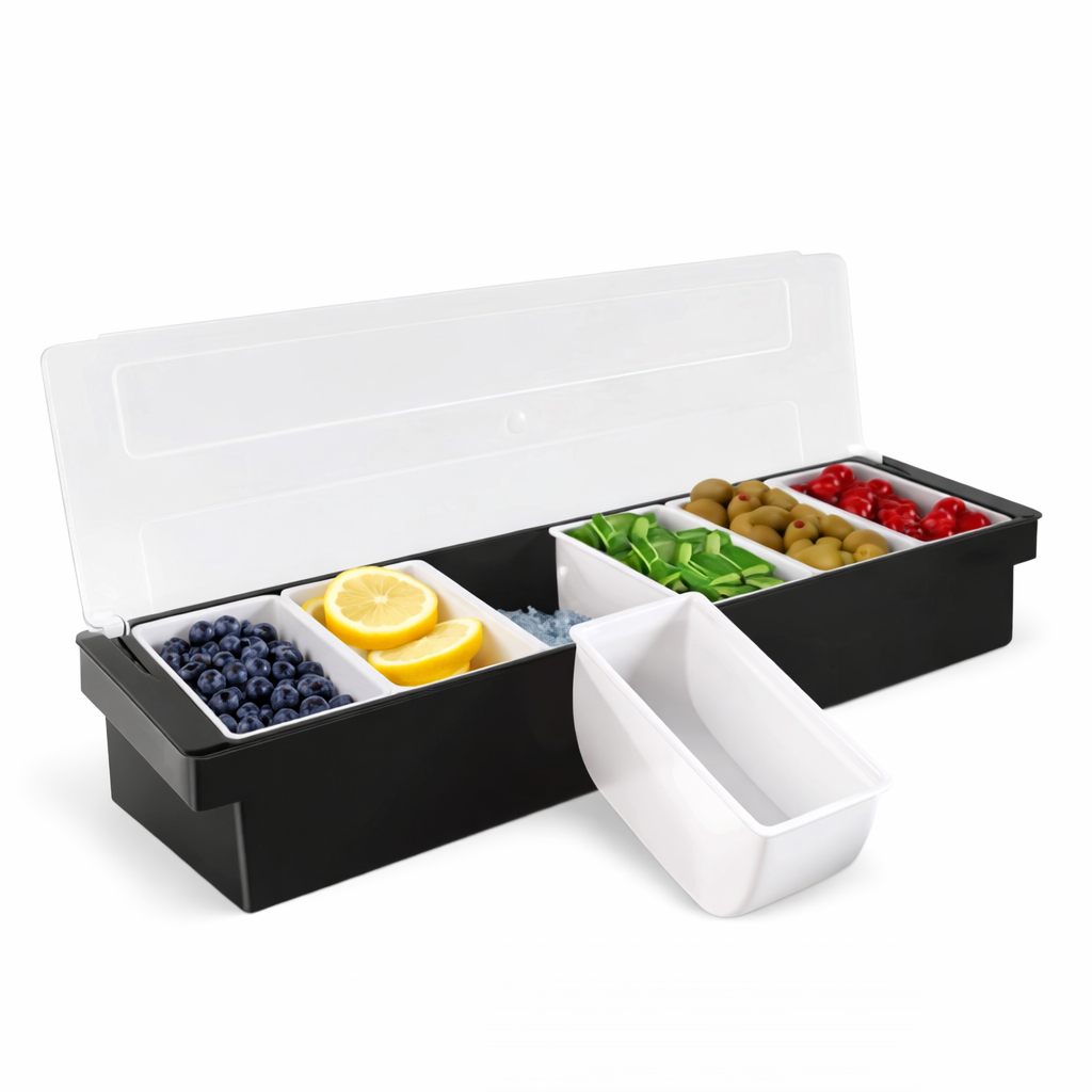 6 Section Condiment Tray with Lid - Food Grade Plastic, Black Base with White Inserts