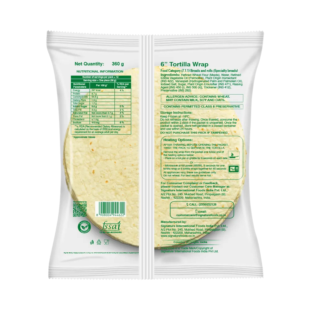 Fresh 2 Go 6 Inch Plain Tortilla Wrap Frozen 360 gm Pack of 12 2