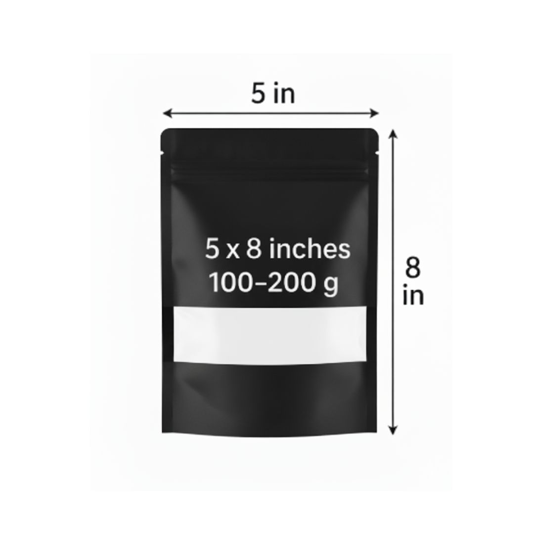 Black Stand Up Zipper Pouch with Window | 5 x 8 In | 100-200 g