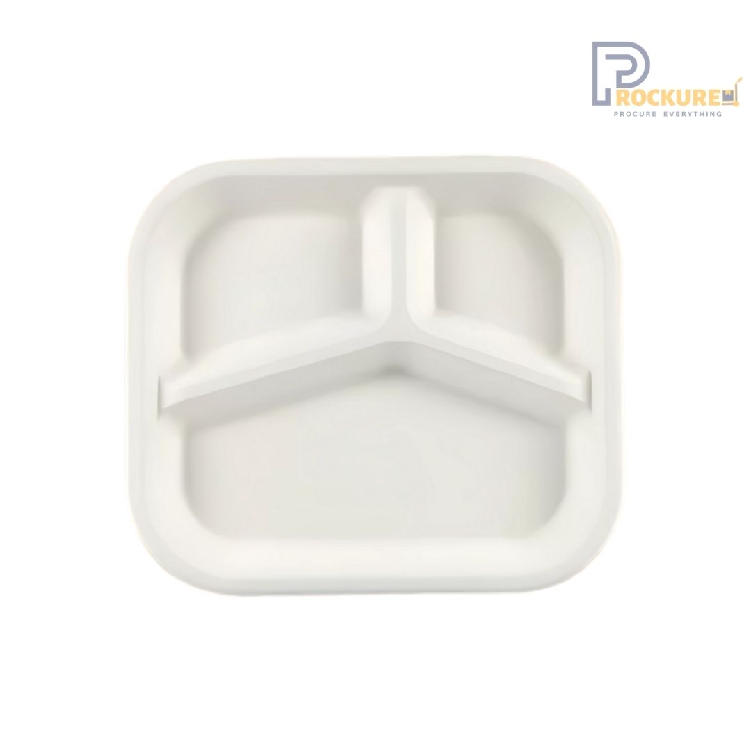 White Bagasse 3 Compartment Rectangle Meal Tray | Biodegradable Meal Tray