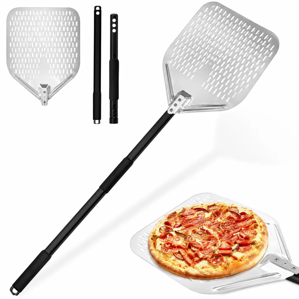 Aluminium Perforated Pizza Peel with 80 cm Handle Hard Anodised Blade 2