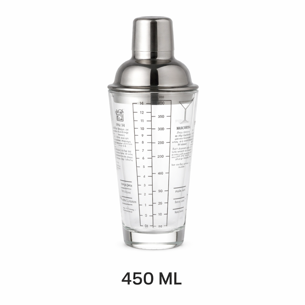 Shaker Glass 450 ML - Transparent Glass Body, Stainless Steel Lid