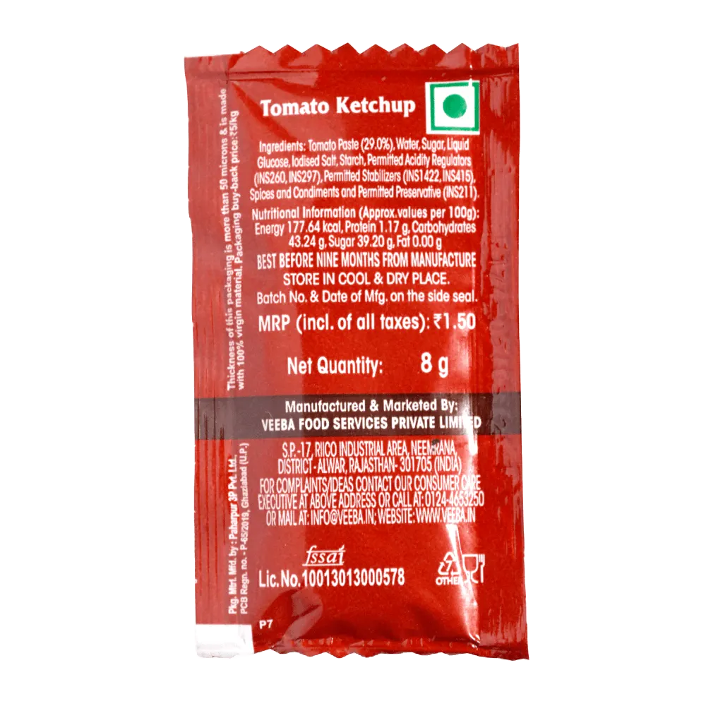 Veeba Tomato Ketchup 8 gm x 100 Sachets Pack of 12 3