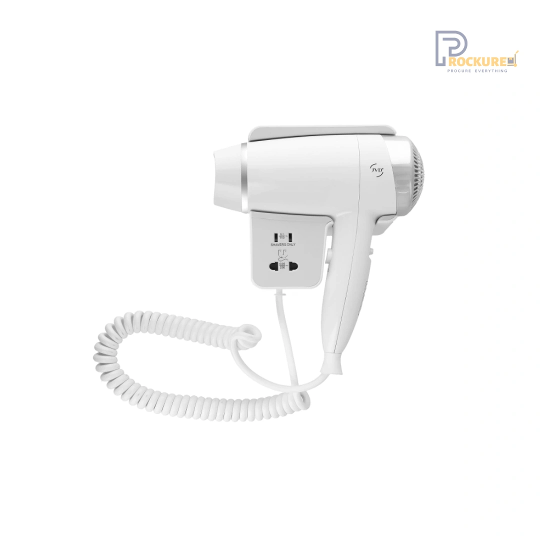 JVD Keos PR Hair Dryer – White Wall-Mount Dryer with Dual Voltage Shaver Socket for Guest Bathrooms