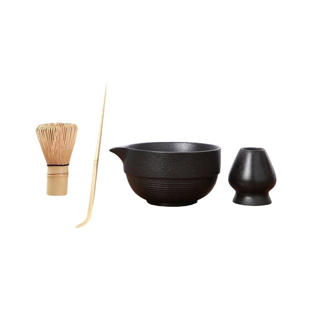 Black Matcha Set – Ceramic Tea Bowl, Bamboo Whisk, Wooden Scoop & Whisk Stand