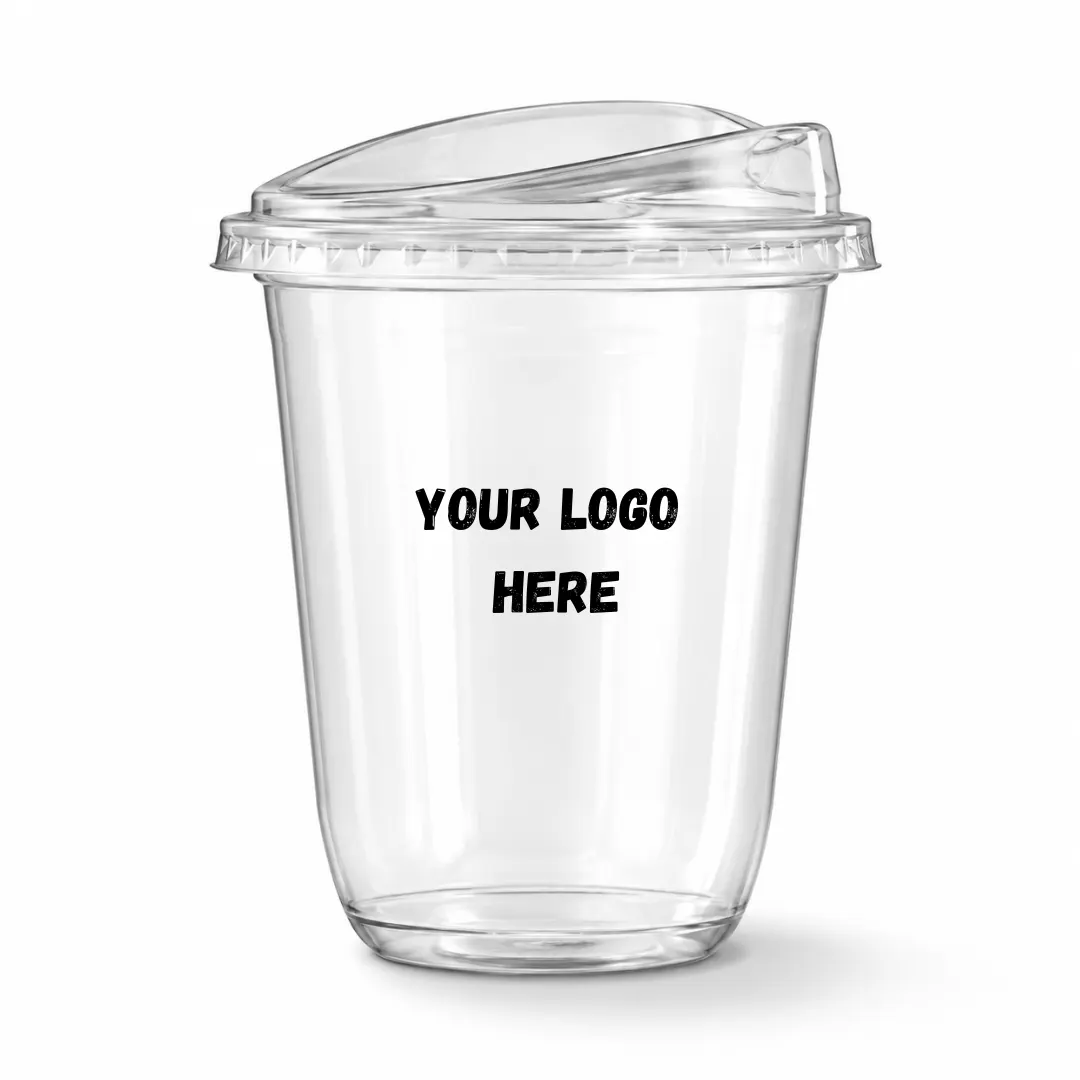 Customize  PET Transparent U Shape Glass with Sipper Lid 12 oz / 350 ml MOQ-1000