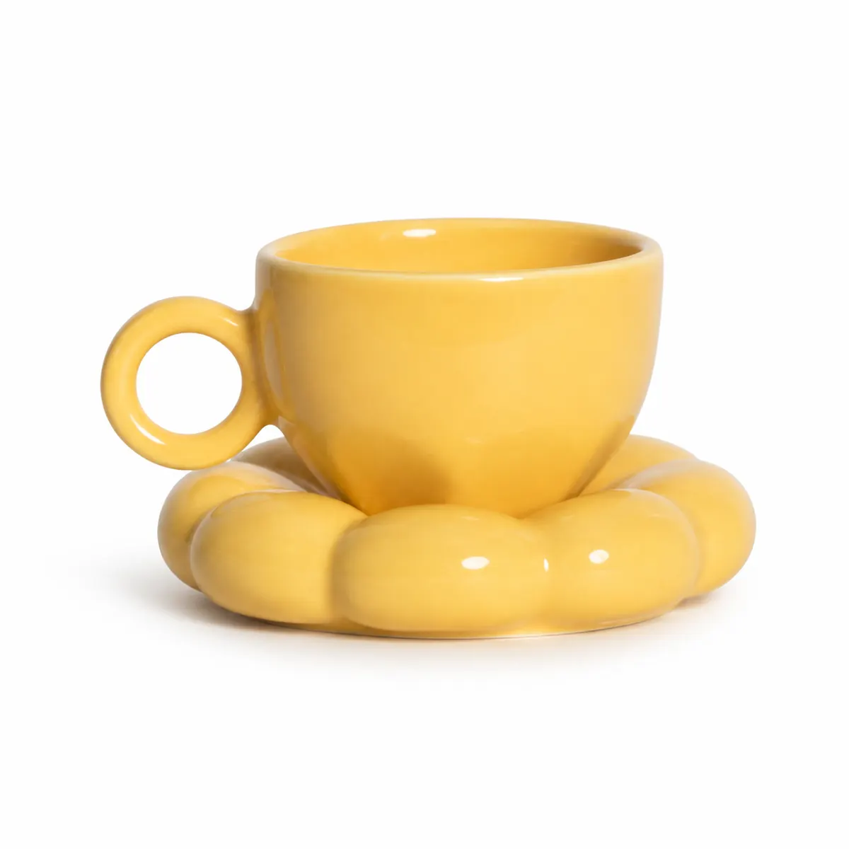 Ceramic Cup and Flower Saucer Set Yellow | 300 ML
