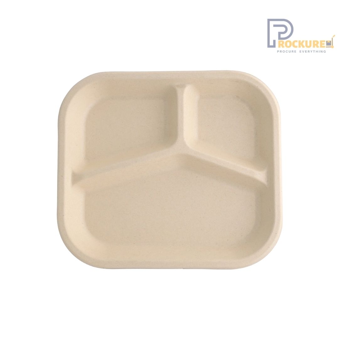 Brown Bagasse 3 Compartment Rectangle Meal Tray | Biodegradable Meal Tray