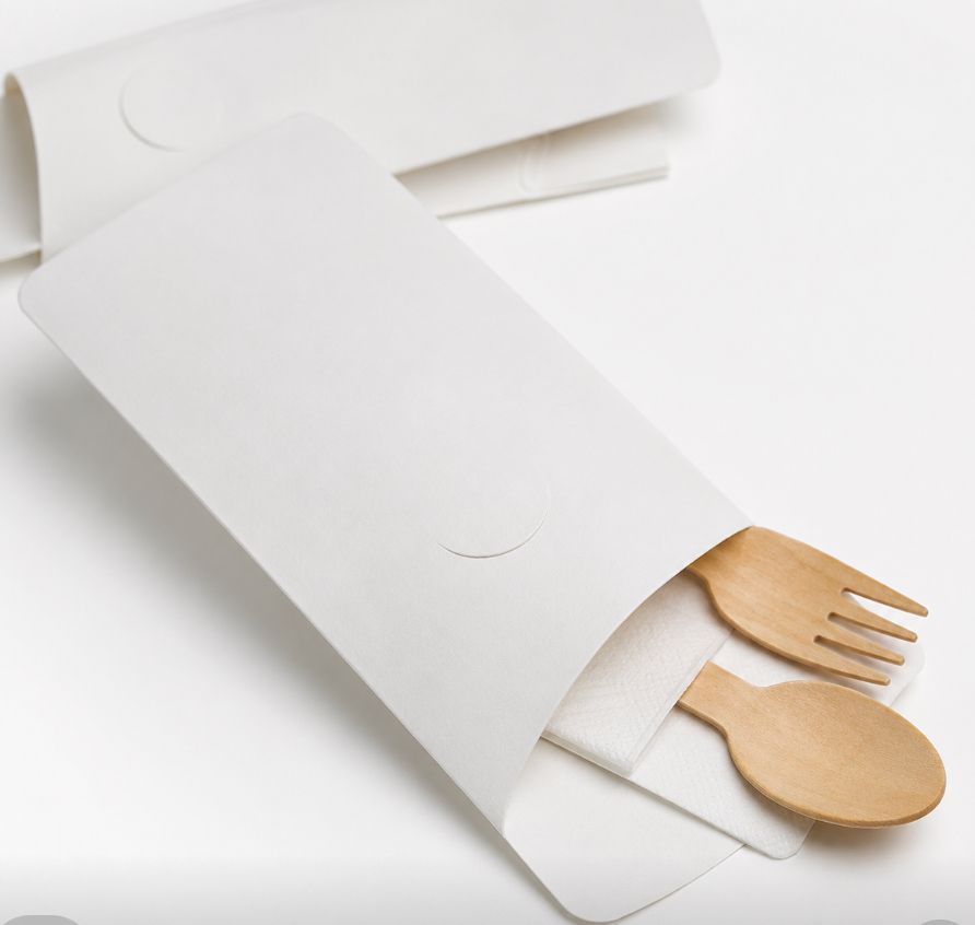 Cutlery Pouch Kit Plain White | Includes Spoon, Fork & Tissue