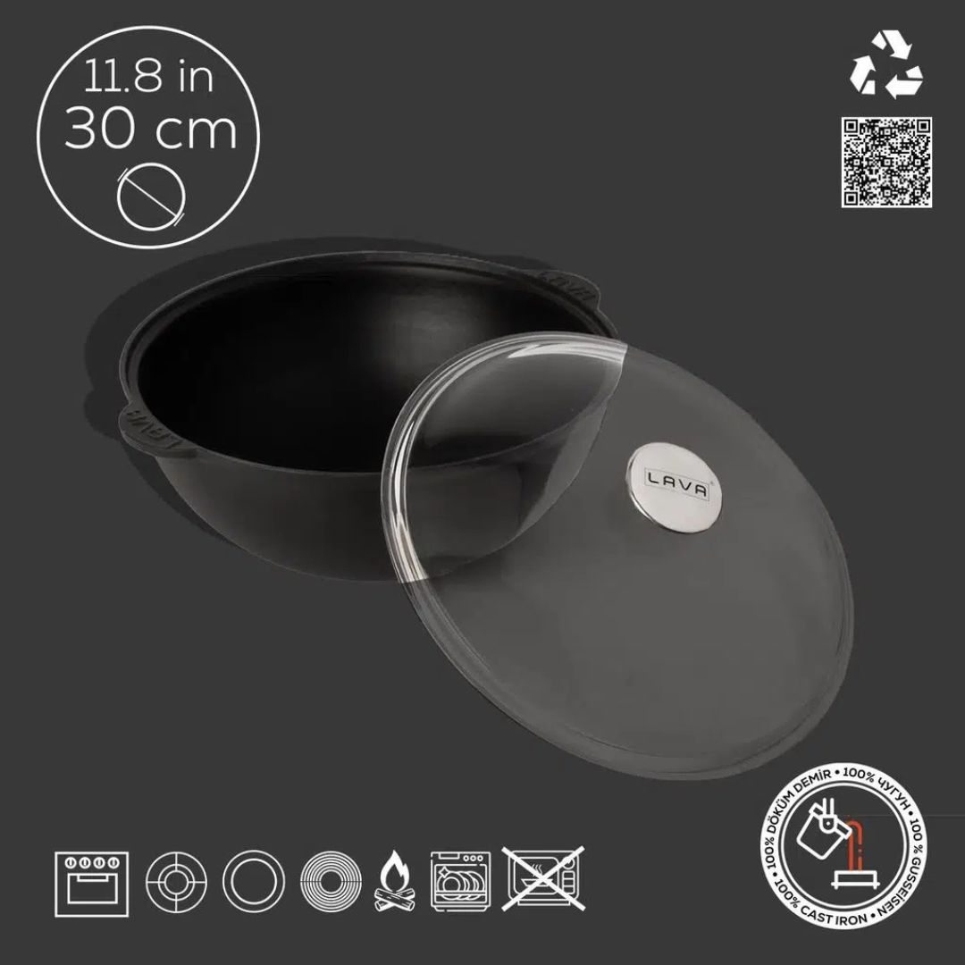 Lava Cast Iron Shallow Casserole 30 cm - 30CM Wok With Glass Lid