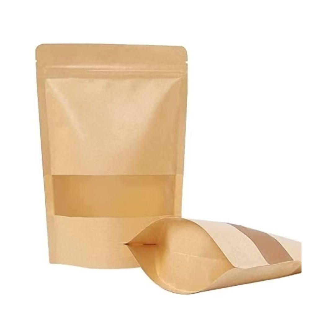Kraft Brown Paper Stand Up Zipper Pouch with Window | 4 x 6 In | 50-100g