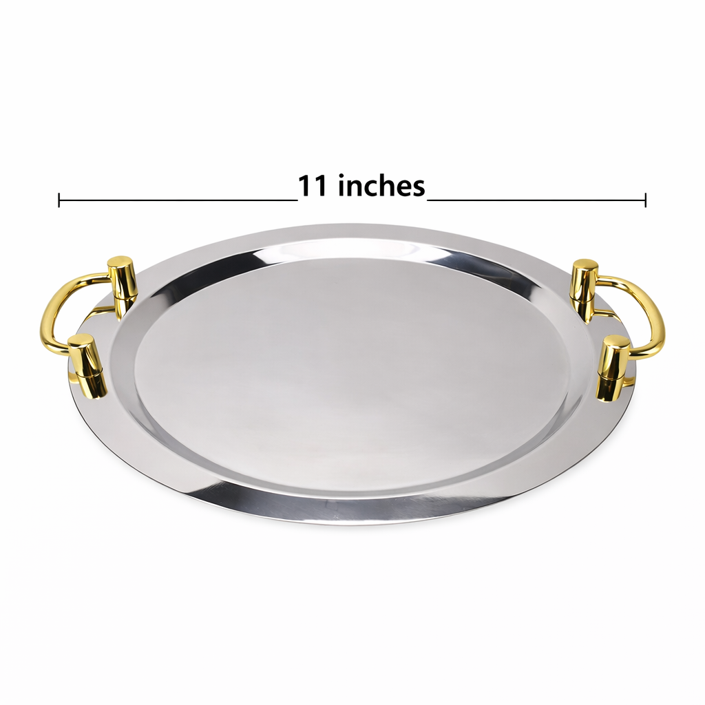 Golden Tray Round 11 Inch - Stainless Steel Mirror Finish, Golden Handles
