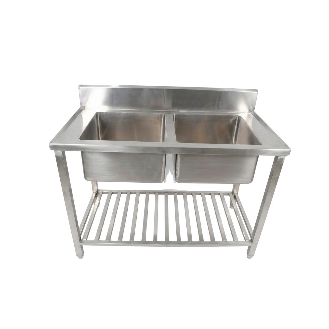 Two Sink Unit Commercial – 1200 × 600 × 850 + 150 mm SS Top 304 base SS202