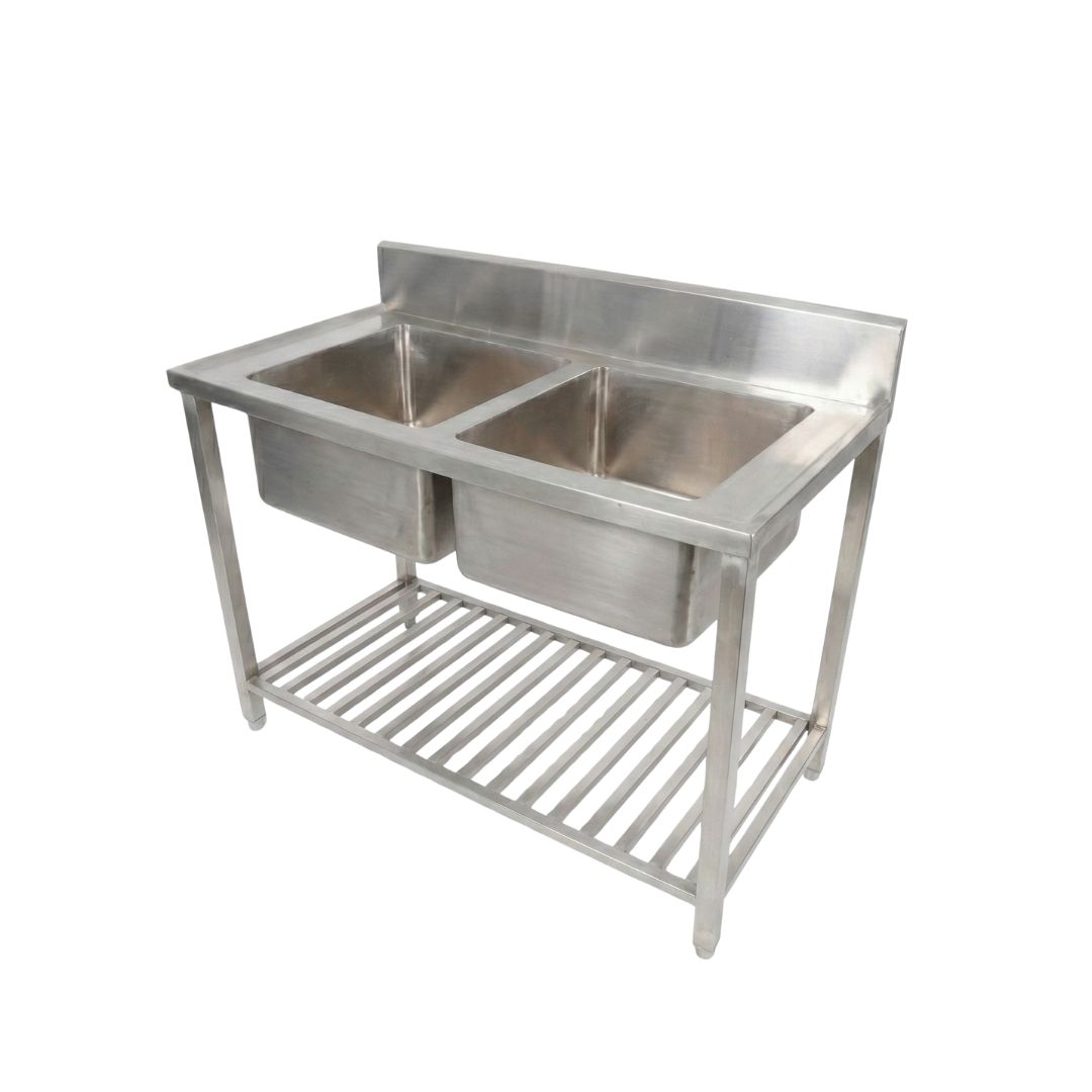 Two Sink Unit Commercial – 1200 × 600 × 850 + 150 mm SS Top 304 base SS202