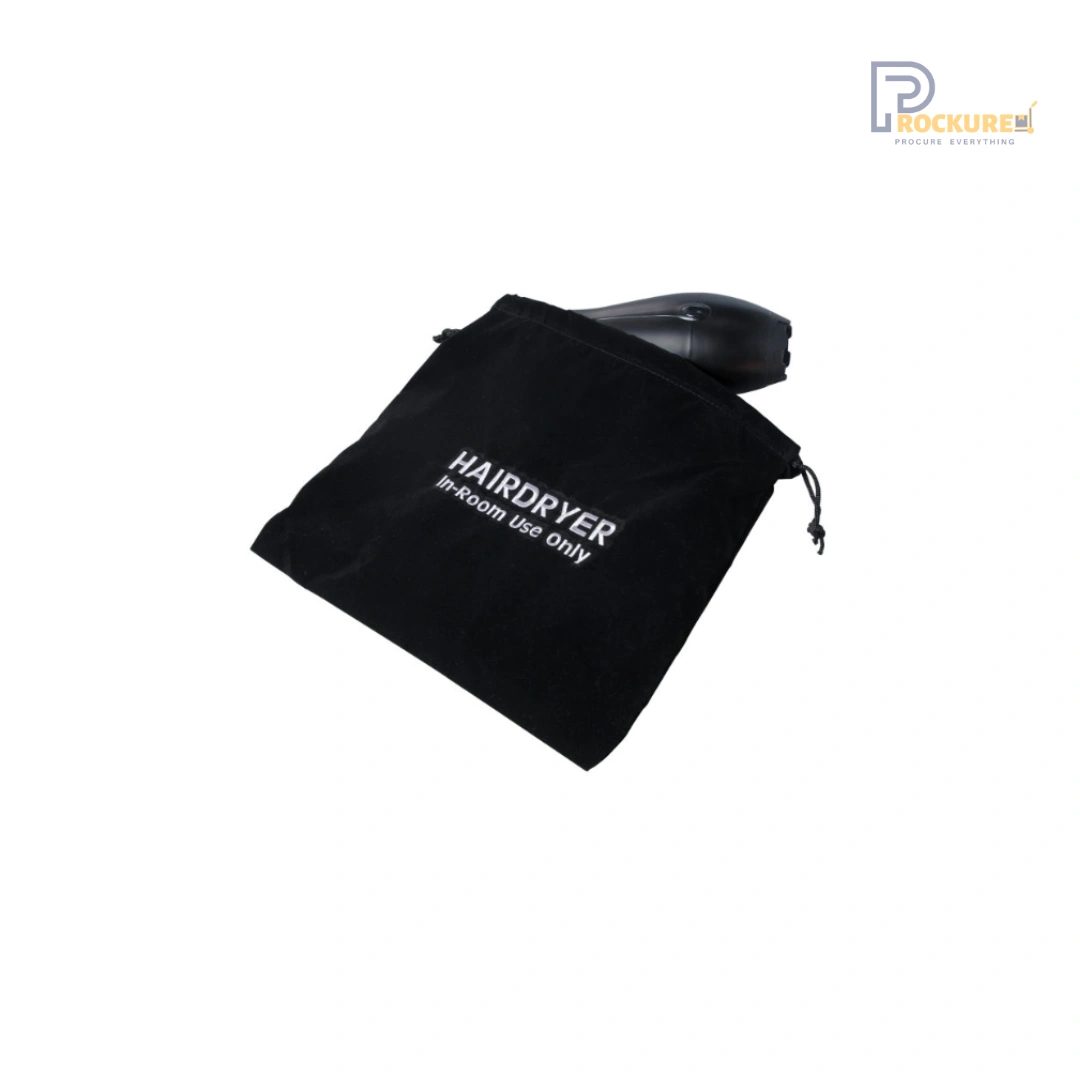 JVD Velvet Hair Dryer Bag – Black Drawstring Pouch with Embroidered "Hairdryer" for Hotel Rooms