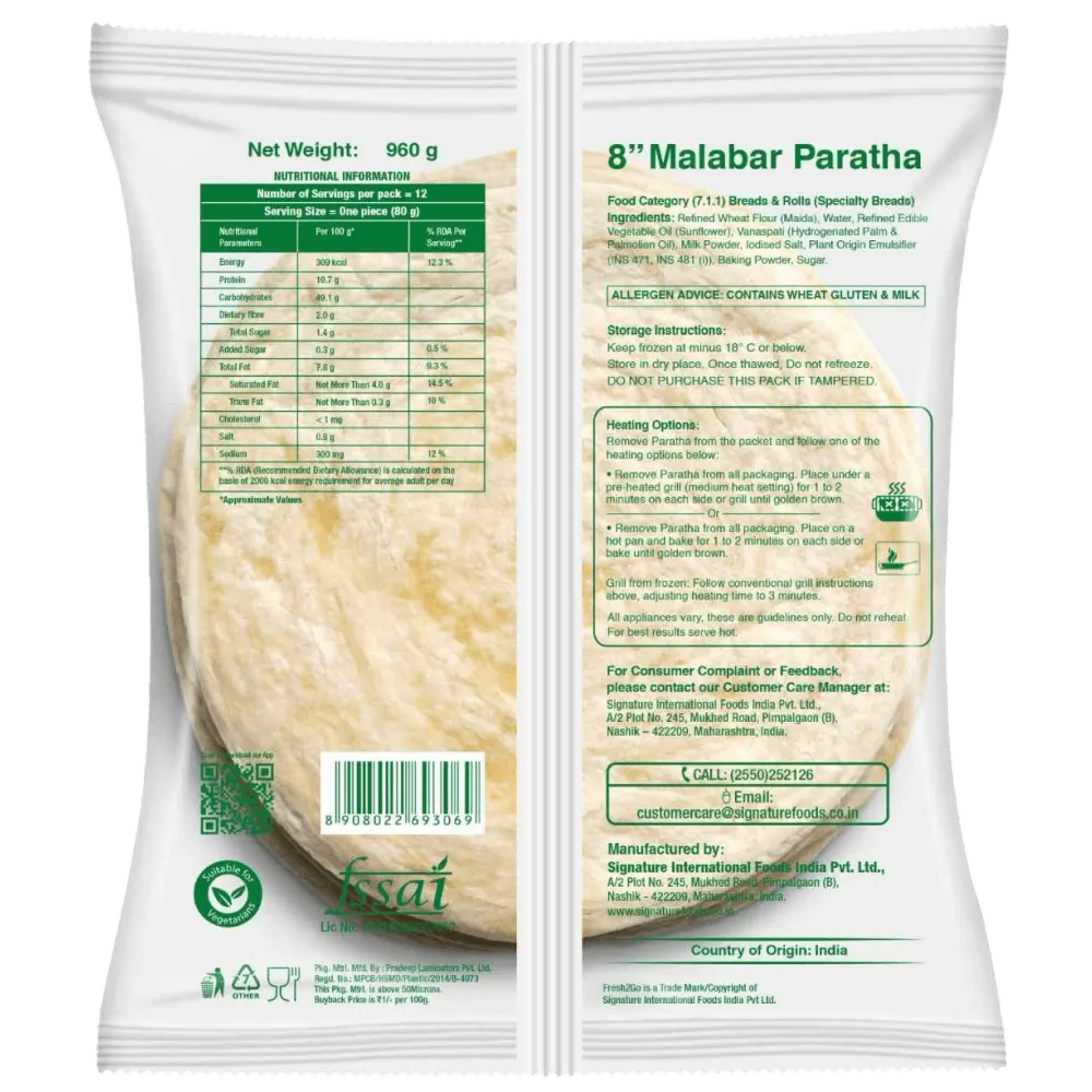 Fresh 2 Go 8 Inch Malabar Paratha Frozen 960 gm Pack of 12 2