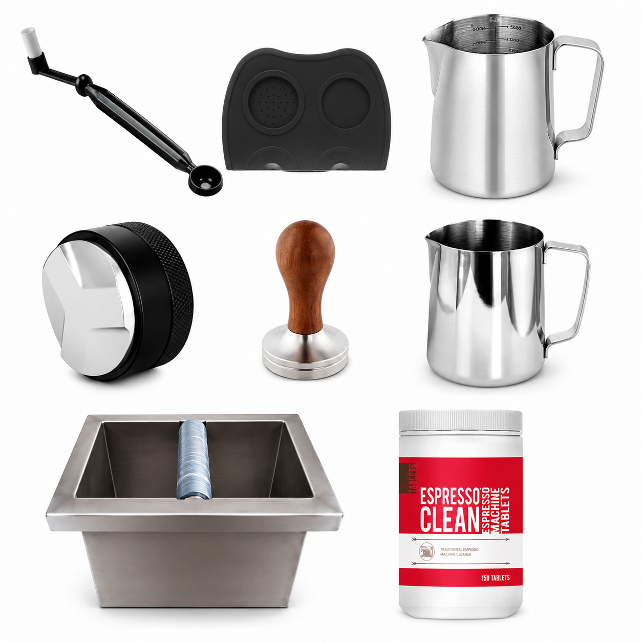 Coffee Accessory Kit with Tamper, Distributor, Pitchers, Knock Box & Cleaning Tools