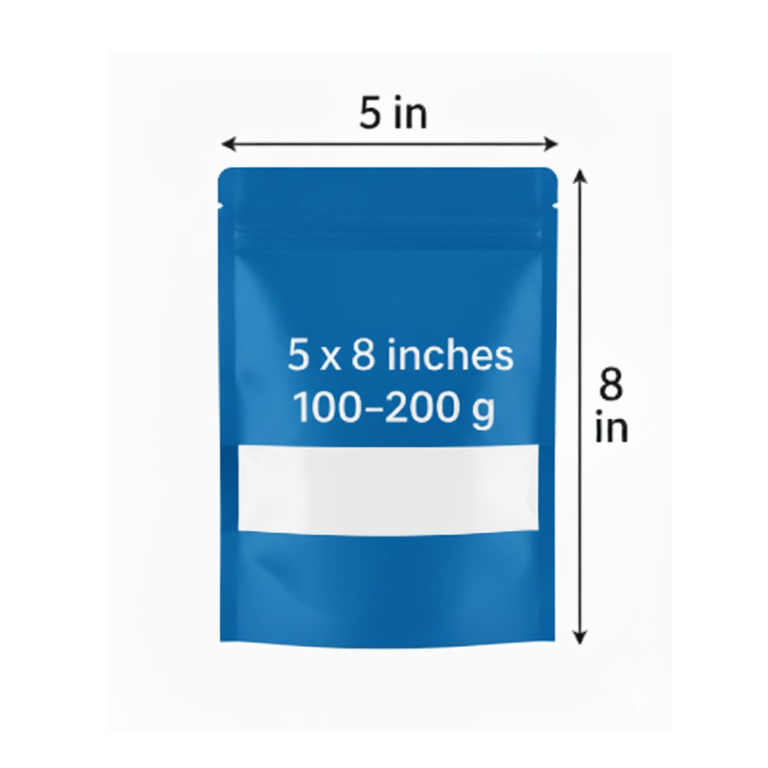 Blue Stand Up Zipper Pouch with Window | 5 x 8 in | 100-200 g