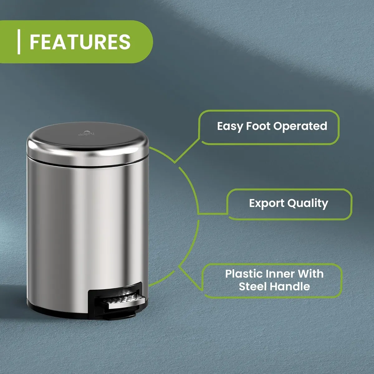 Dolphy Stainless Steel Round Pedal Bin 5 Litre Silver DWBN0018 5