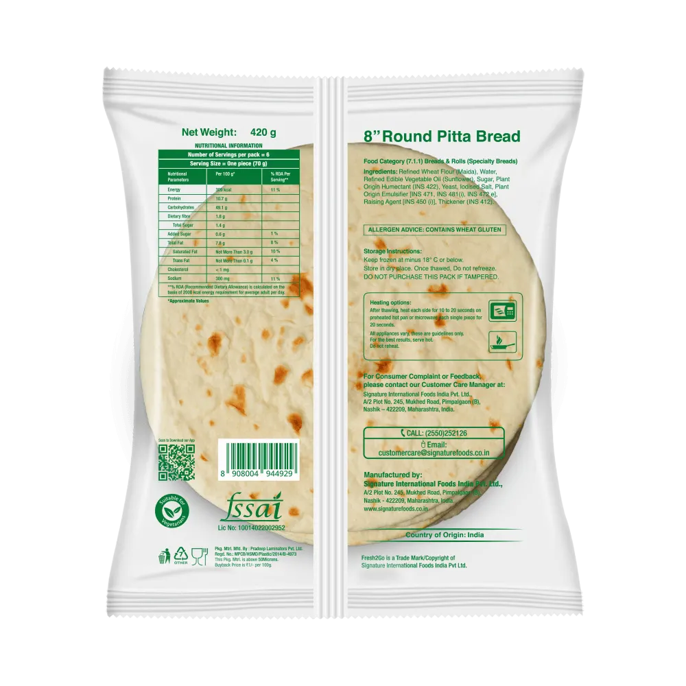 Fresh 2 Go 8 Inch Round Pita Bread RTC Frozen 420 gm Pack of 6 2