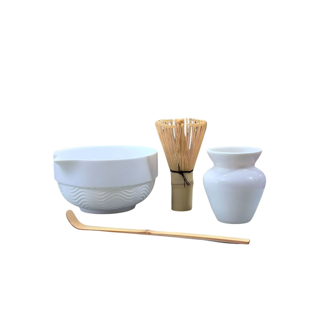 White Tea Matcha Set – Ceramic Bowl, Bamboo Whisk, Wooden Spoon & Whisk Stand