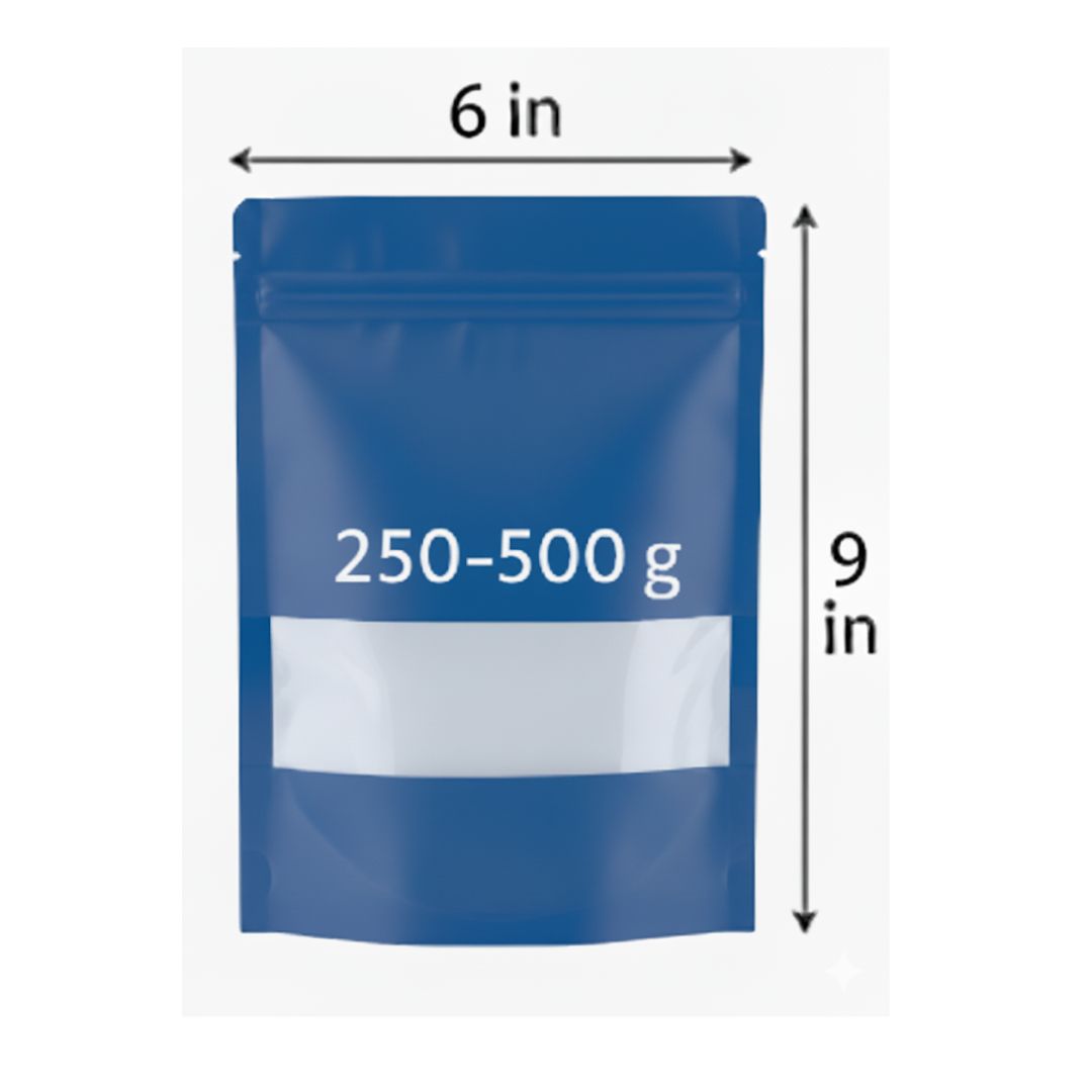 Blue Stand Up Zipper Pouch with Window | 6 x 9 in | 250-500 g