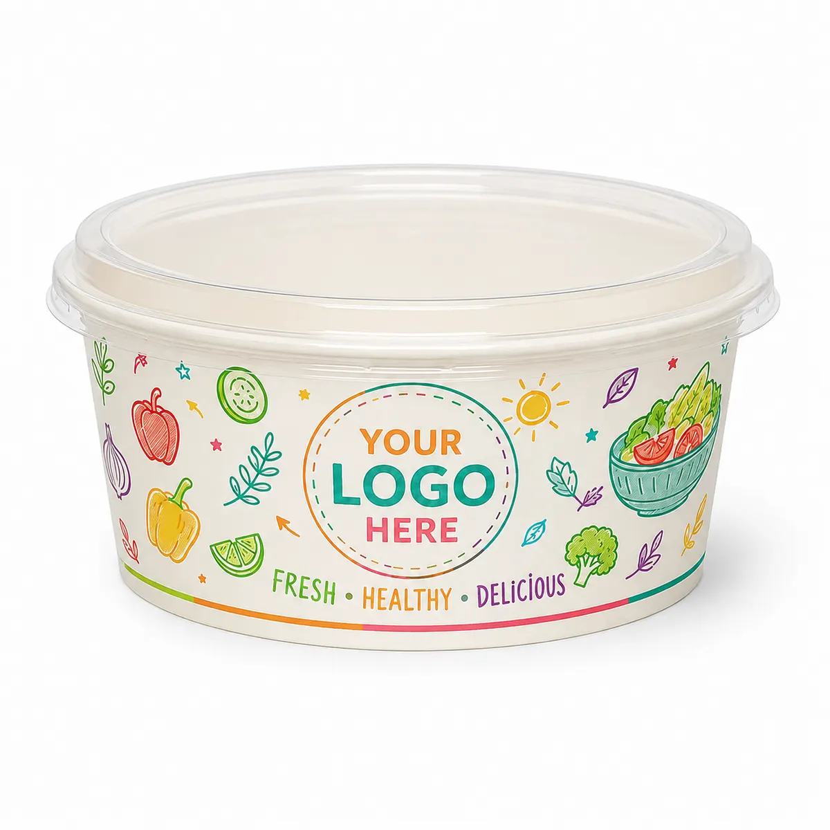 Customised Flat Paper Salad/Biryani Bowl with PET Lid - Top Dia 148 mm | Single & Multi-Color Printing