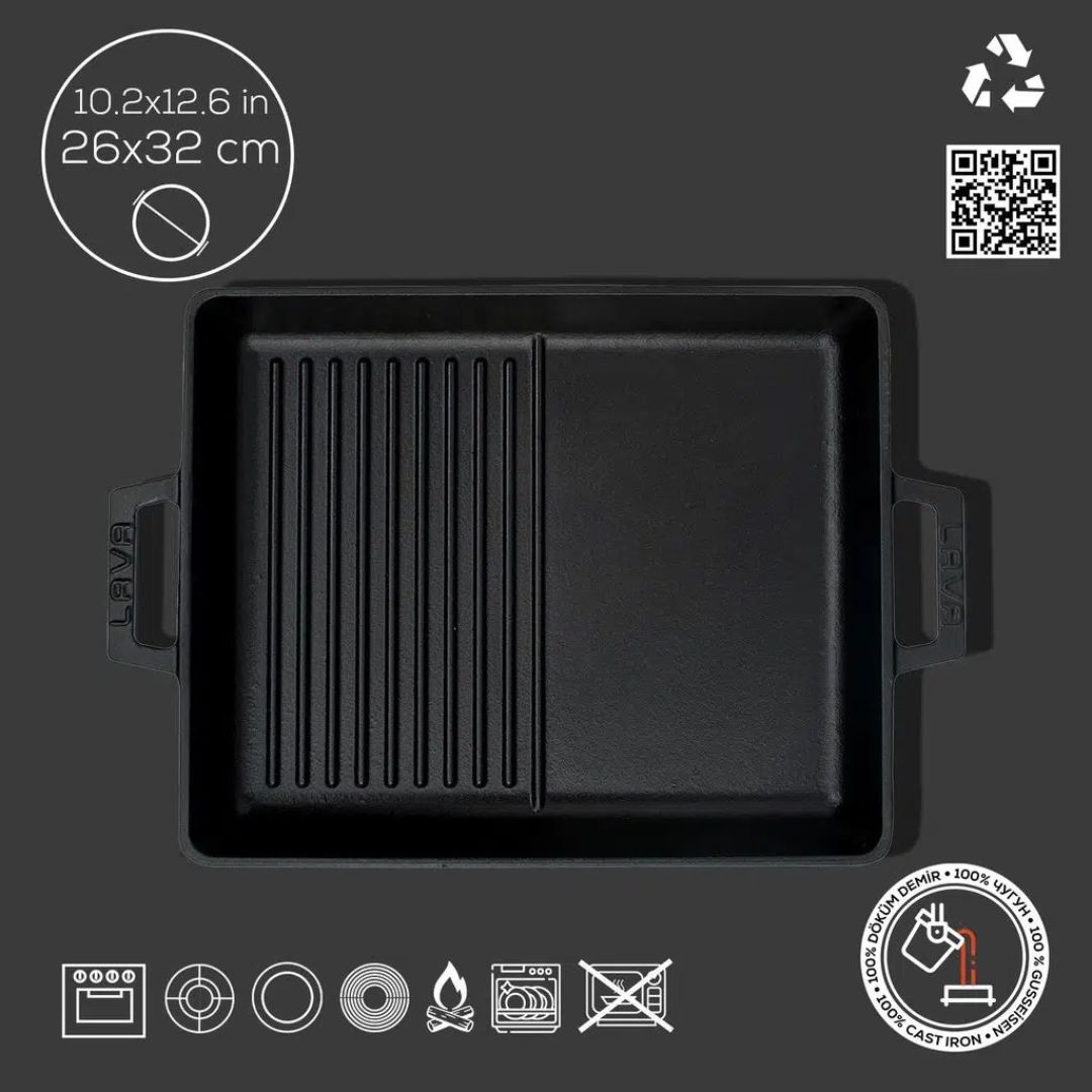 Lava Cast Iron Shallow Pan 26 × 32 cm - Duo Grill Pan Rectangular