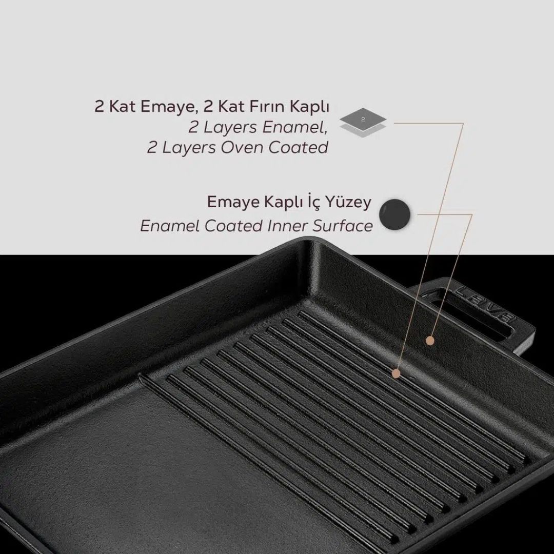 Lava Cast Iron Shallow Pan 26 × 32 cm - Duo Grill Pan Rectangular 4